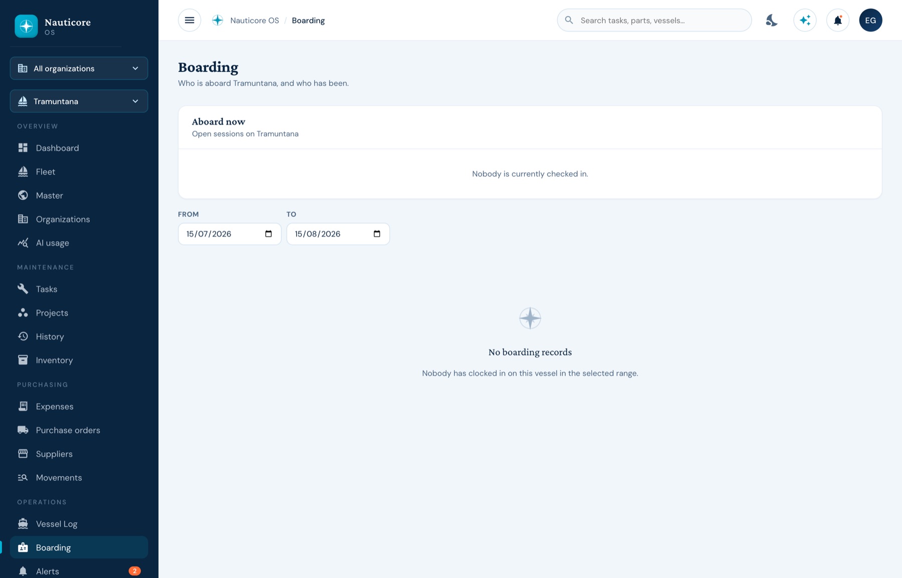 The boarding log showing who is aboard.