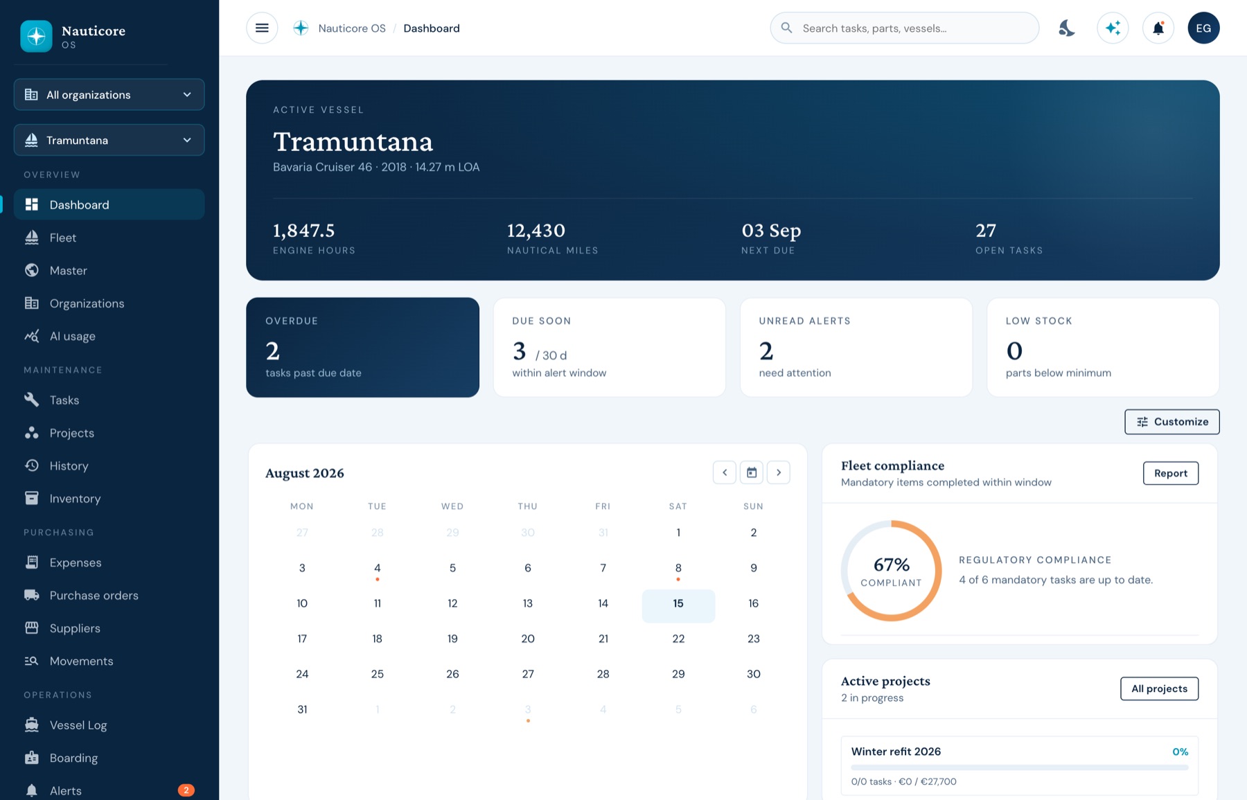 The vessel dashboard with overdue and due-soon counts, a compliance ring and a maintenance calendar.