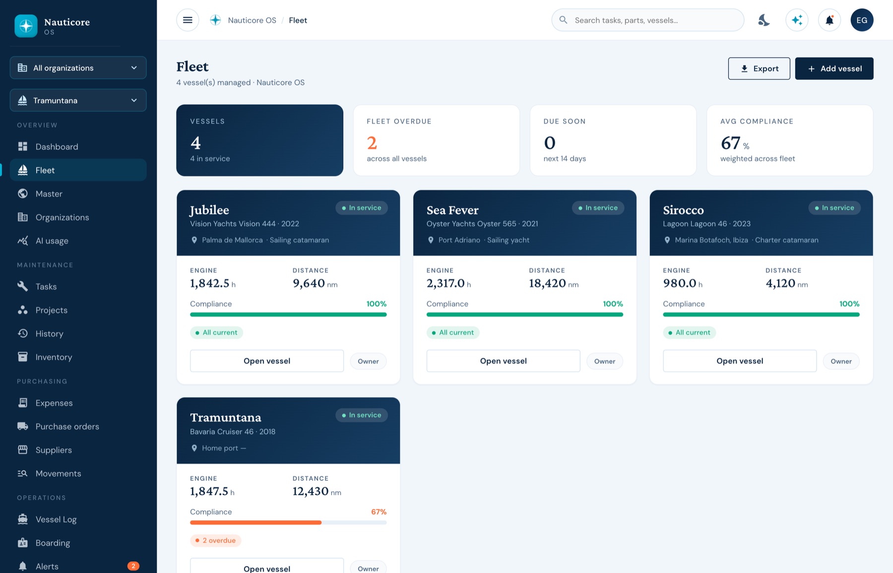 Fleet overview with a card per vessel showing engine hours, distance and compliance.