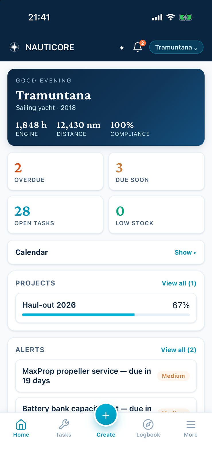 The NAUTICORE mobile app on an iPhone: a sailing yacht with two tasks overdue, three due soon, full compliance and a haul-out project two-thirds done.