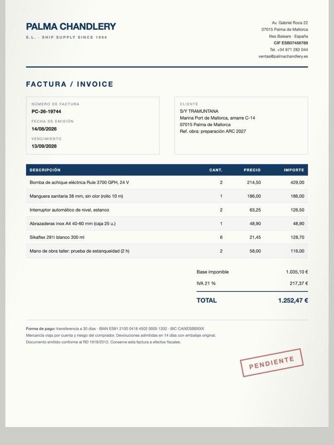 A photographed paper invoice from a chandlery in Palma.