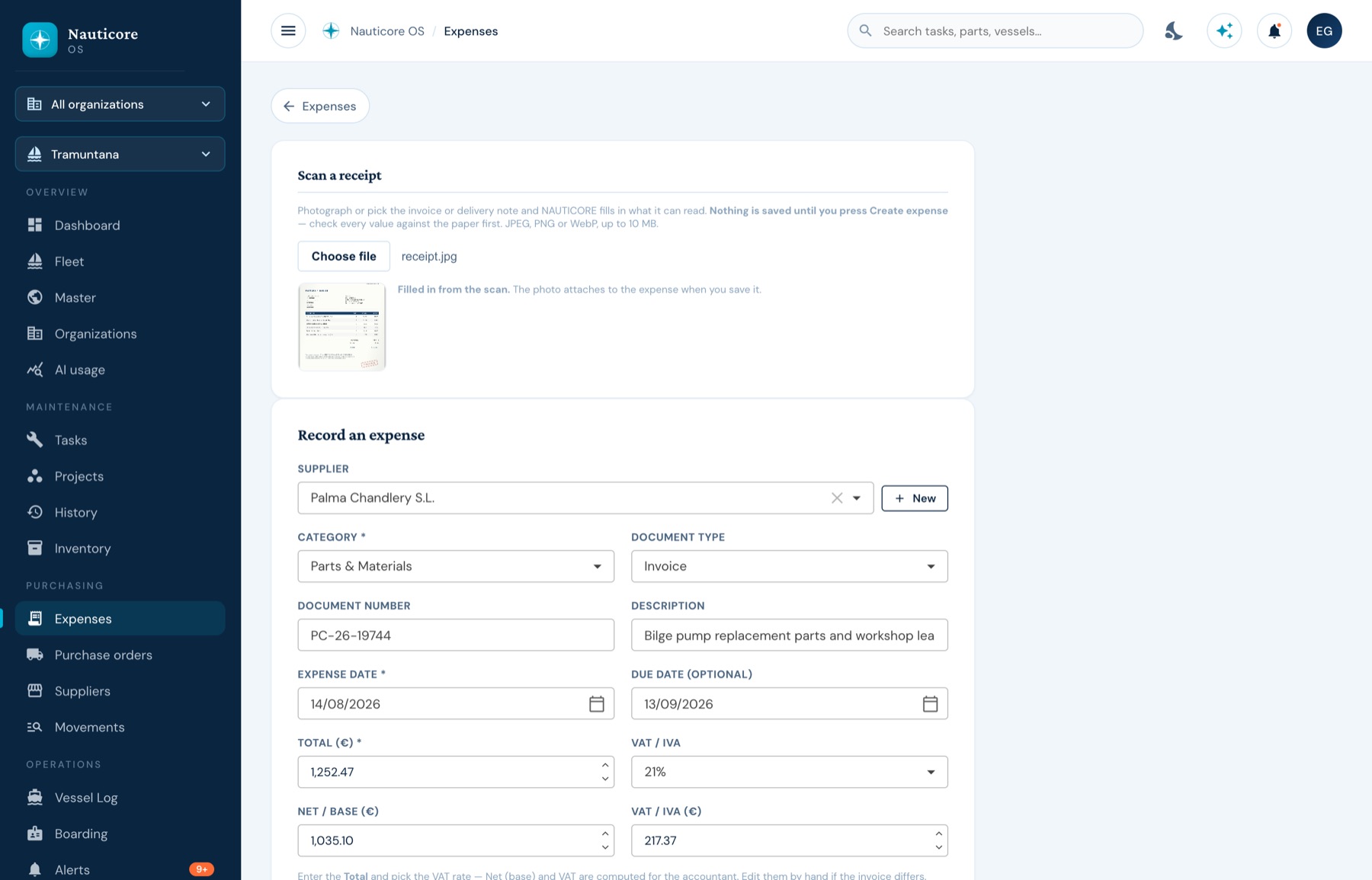 A new expense filled in automatically from a photographed invoice.